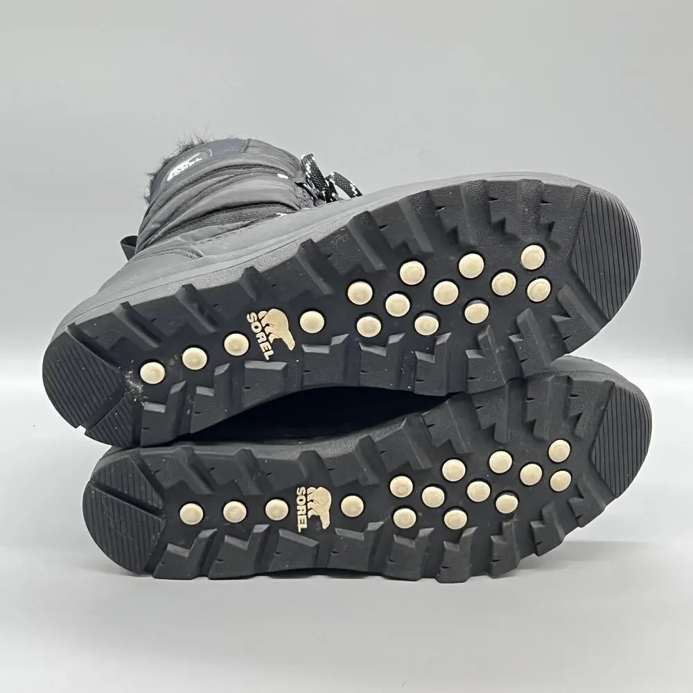 Sorel Boots Womens 9.5 Black Nylon Waterproof Mid Calf Faux Fur Snow Shoes